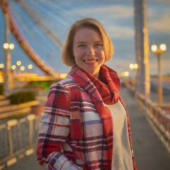 遊園地でこちらを見て笑う恋人