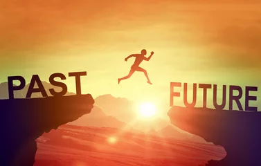 Foto op Aluminium Man jumping on cliff Future. Silhouette man jumping between cliff with Past to Future on sunset background. Goals, hopes and aspirations concept. Leap from past to future © Celt Studio