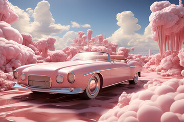 pink car ride above pink cloud in the old style