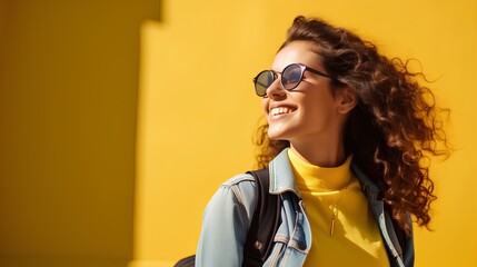 A relaxed posture of a female student with a backpack slung over one shoulder, exuding casual confidence against a bold yellow background. generative AI