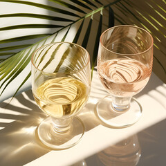 Set colored glasses from transparent and beige glass with beautiful shadows from palm leaf at sunlight, summer drink for events, white wine, water in trend glasses,