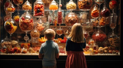 National Candy Month: An assortment of colorful candies displayed in a sweet shop window, with kids looking in