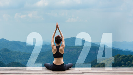 Happy new year start up 2024.  Yoga women lifestyle exercise and pose for healthy life. people...