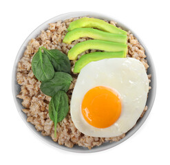 Tasty boiled oatmeal with fried egg, avocado and basil isolated on white, top view