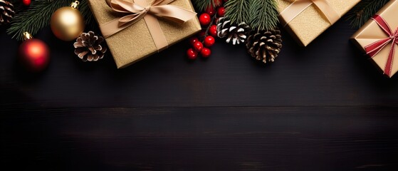 Obraz na płótnie Canvas Elegant Christmas Gifts and Ornaments: Festive Holiday Flatlay on Dark Wood