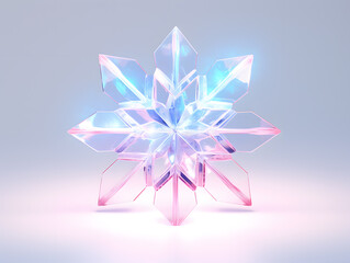 Transparent Christmas crystal glass snowflake on a blue and pink background. 3d rendering