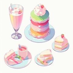 Illustration cute piece of cake set and dessert pastel color Created with Generative AI technology.