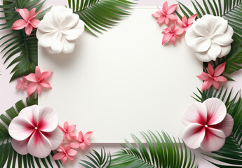Fototapeta na wymiar Blank paper card mockup with frame made of flowers. Festive floral composition with copy space on a pastel background