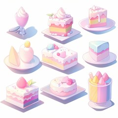 Illustration cute piece of cake set and dessert pastel color Created with Generative AI technology.