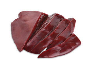 Cut raw beef liver isolated on white, top view