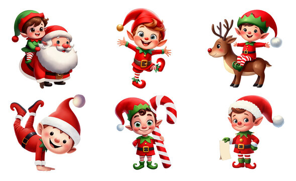A set of cute Christmas Elves isolated on a transparent background