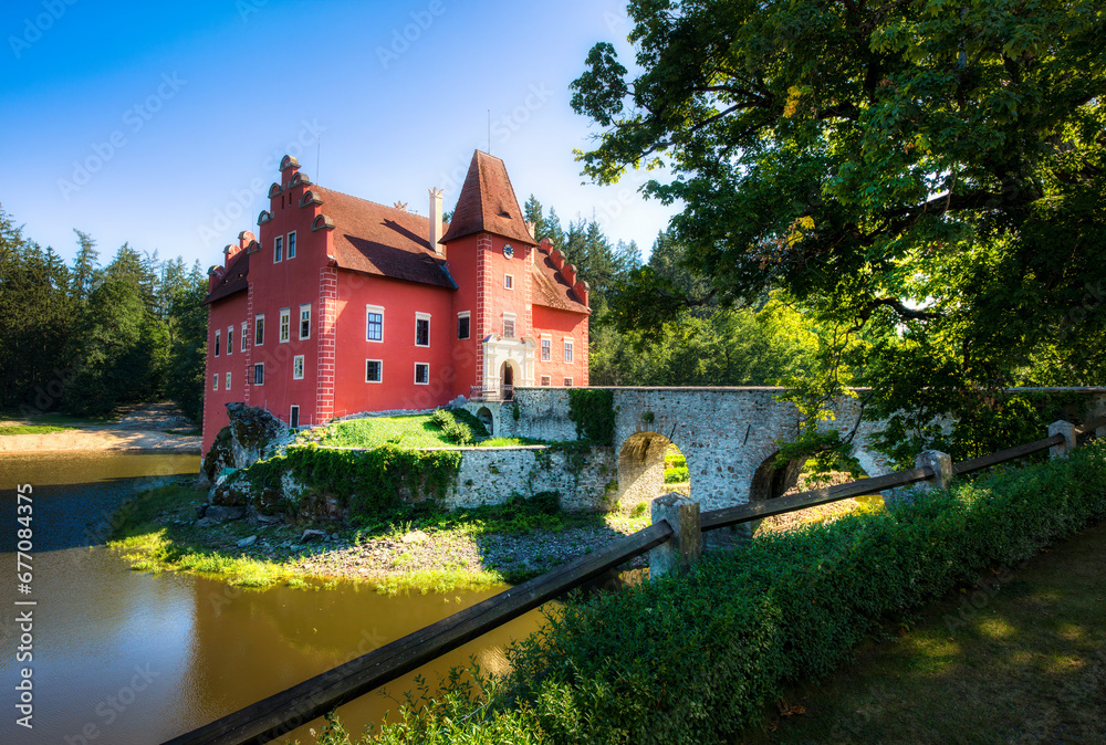 Poster the small, charming cervena lhota castle in a lake in south bohemia in the czech republic