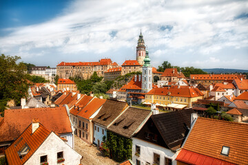 From Beautiful Cesky Krumlov in the Czech Republic, with the Tower of St Jost Church and the Castle Dominating the City - obrazy, fototapety, plakaty