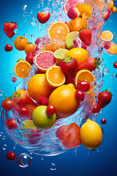 fruits with water splashes, on color background, fresh and healthy food © soleg