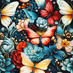 seamless pattern with multicolored butterflies and flowers on dark background for printing on fabric and textiles