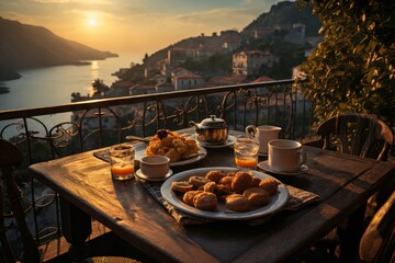 cup of coffee and french croissant on table, balcony with view of beautiful landscape, still life, sea and mountains, resort town, sunset