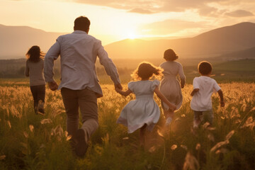 Happy family with two children holding hands of each other and running through wheat field at sunset.
