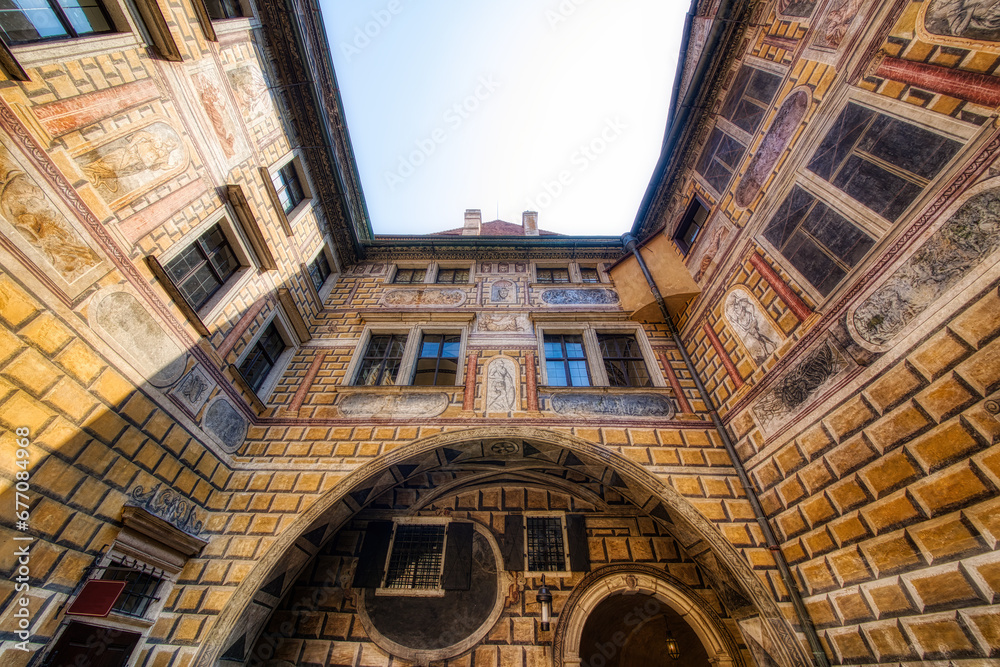 Wall mural Architecture and Wall Decoration with Trompe l'oeil in a Yard in the Castle of Cesky Krumlov in the Czech Republic