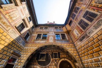 Architecture and Wall Decoration with Trompe l'oeil in a Yard in the Castle of Cesky Krumlov in the Czech Republic - obrazy, fototapety, plakaty