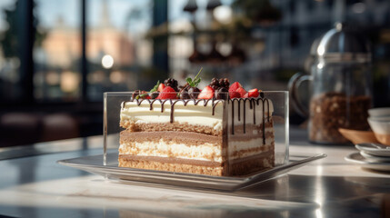 tiramisu in a glass transparent plate, cake decorated with berries and strawberries and chocolate, sunlight.Generative AI