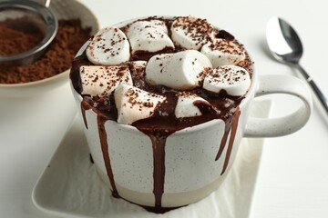 Delicious hot chocolate with marshmallows and cocoa powder in cup on white table, closeup