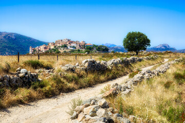 Fototapeta na wymiar The Old Road Leading to the Beautiful Medieval Village of Sant’Antonio on a Hilltop in the Balagne Region on Corsica