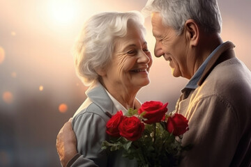grandparents hugging, roses in their hands, glare from the sun.Generative AI