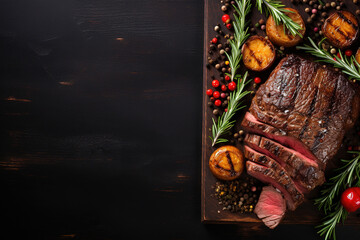 a  Menue with roast beef on brown background with copy space