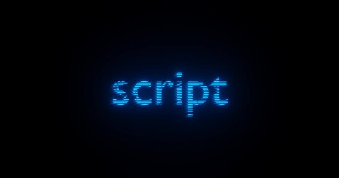 Abstract 3D illustration of the word "script" glowing with blue neon lights on a black background