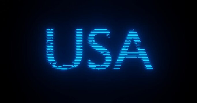 Abstract 3D illustration of the word "USA" glowing with blue neon lights on a black background