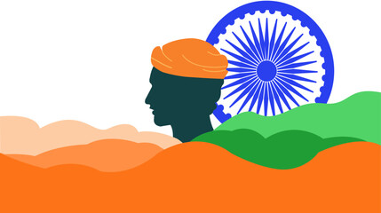 Vector horizontal de cabeza humana de perfil con gorro naranja y simbología india para el día de la republica de india con colores de la bandera.