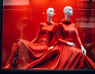 Stylish mannequins showcasing designer dresses in a boutique.