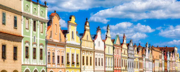 Charming and Colorful Facades by the City Square in the Beautiful City of Telc in the Czech Republic - obrazy, fototapety, plakaty