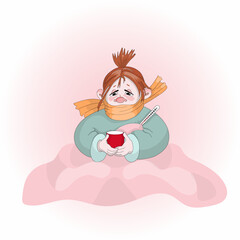 Girl sick with flu drinking tea