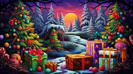Colorful Christmas illustration with presents and decorated trees