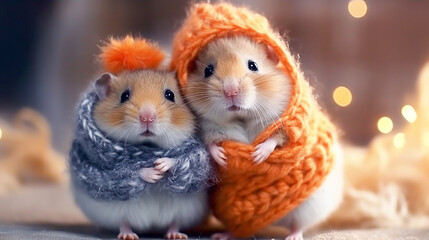 Obraz premium Two mice, hamsters in knitted hats, scarves on a Christmas blurred background.