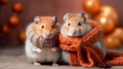 Two mice, hamsters in knitted hats, scarves on a Christmas blurred background.
