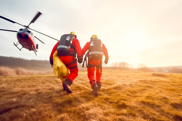Two paramedics and rescuers in mountaineering equipment run to a helicopter landing - obrazy, fototapety, plakaty