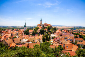 View of the City of Mikulov in the Czech Republic, with the Church of St Wenceslas and the Famous Castle - obrazy, fototapety, plakaty