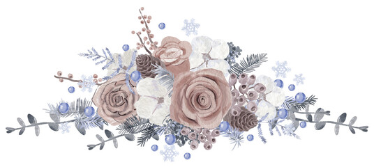 Winter floral border witn roses, cones, cotton and eucalyptus. Digitally hand painted illustration in pastel colors