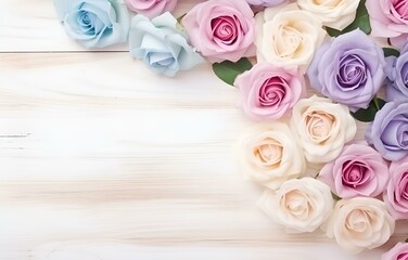 rainbow pastel rose flowers on white wooden table soft light for greeting holiday card decor
