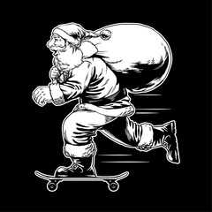 Santa Claus Riding Skateboard Carry Sack of Gift Hand Drawn Illustration © bazzier
