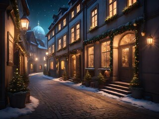 Fototapeta na wymiar Street in a Christmas night in an old European town. Generative AI