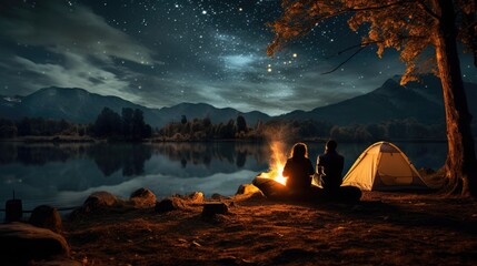 Couple camping under the stars with a cozy campfire.