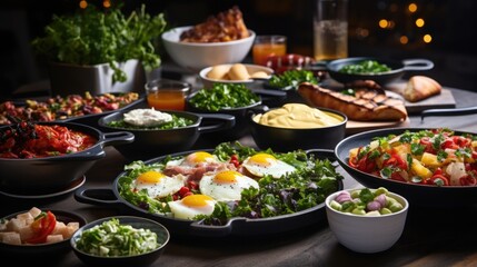 Obraz premium National Egg Month: A brunch scene with various egg dishes, such as omelets, benedicts, and scrambles, on a buffet table.