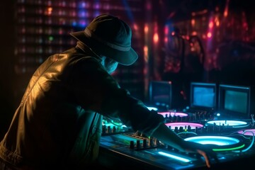 DJ player audio mixing electronic music in a nightclub party Created with Generative AI technology. - obrazy, fototapety, plakaty