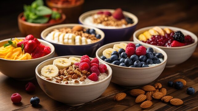 National Oatmeal Month: A breakfast spread featuring oatmeal bowls topped with a selection of nuts, fruits, and honey.