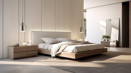 Fototapeta na wymiar a modern bedroom with a king-size bed and a white dresser