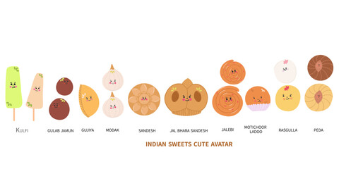 Indian dessert, Traditional Indian sweets in cute cartoon avatar vector isolated 