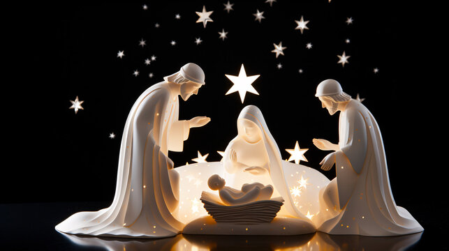 Christmas starlit Nativity scene diorama portraying the  story of Jesuses' birth  
